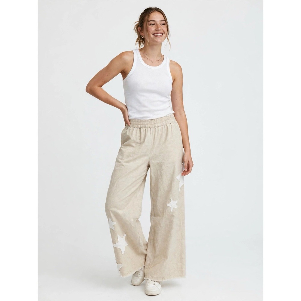 Blue Velvet Womens Cream Linen Blend Wide Leg Pants L Star Applique Boho
